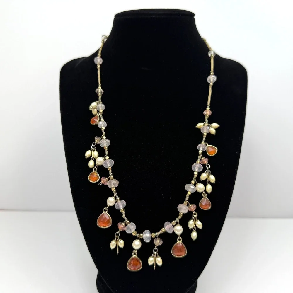 VTG Monet Faux Pearls Acrylic Beaded Necklace Dangle Gold Tone Accents Jewelry